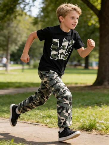Teen Boys Clothes Camo 2 Piece Outfits Letter Printing Short Sleeve and Color Block Pants Clothing Set Size 6-12 in Kuwait
