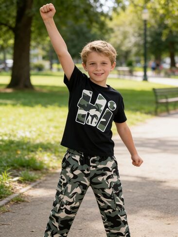 Teen Boys Clothes Camo 2 Piece Outfits Letter Printing Short Sleeve and Color Block Pants Clothing Set Size 6-12 in Kuwait