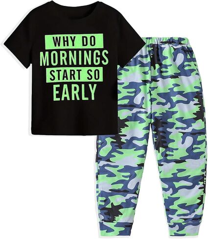 Teen Boys Clothes Camo 2 Piece Outfits Letter Printing Short Sleeve and Color Block Pants Clothing Set Size 6-12 in Kuwait