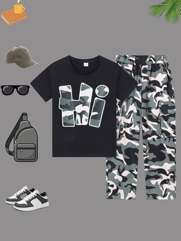 Teen Boys Clothes Camo 2 Piece Outfits Letter Printing Short Sleeve and Color Block Pants Clothing Set Size 6-12 in Kuwait
