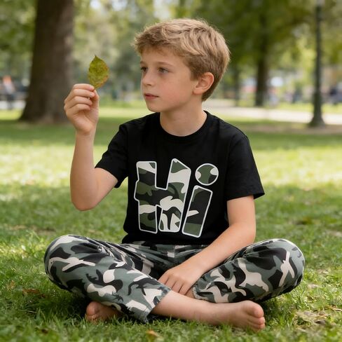 Teen Boys Clothes Camo 2 Piece Outfits Letter Printing Short Sleeve and Color Block Pants Clothing Set Size 6-12 in Kuwait