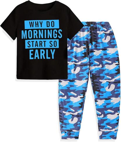 Teen Boys Clothes Camo 2 Piece Outfits Letter Printing Short Sleeve and Color Block Pants Clothing Set Size 6-12 in Kuwait