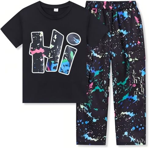Teen Boys Clothes Camo 2 Piece Outfits Letter Printing Short Sleeve and Color Block Pants Clothing Set Size 6-12 in Kuwait