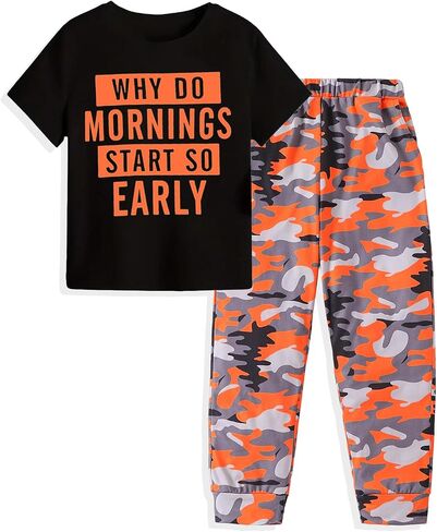 Teen Boys Clothes Camo 2 Piece Outfits Letter Printing Short Sleeve and Color Block Pants Clothing Set Size 6-12 in Kuwait
