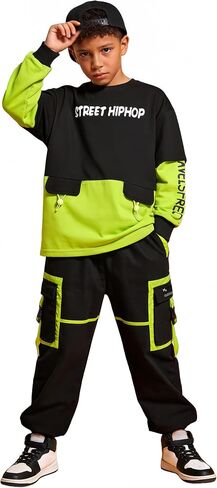 LOLANTA Hip Hop Dance Outfits for Boys 2 Piece Colorblock Streetwear Y2k Crewneck Long Sleeve Sweatshirt Kids Cargo Pants Set in Kuwait