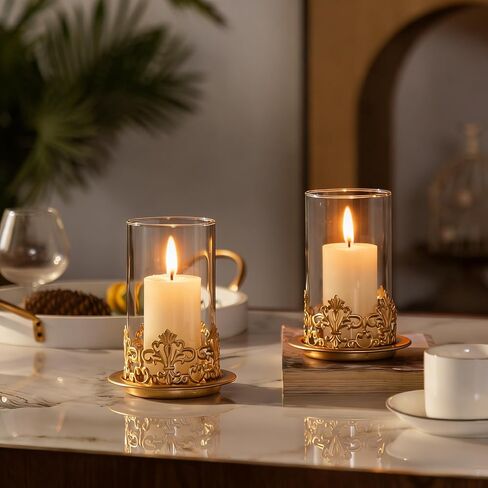 Vintage Hurricane Candle Holders Set of 2 – Gold Metal & Clear Glass Pillar Candle Holder Lanterns for Home Decor, Gothic Table Centerpiece, Wedding & Holiday Ambiance in Saudi Arabia