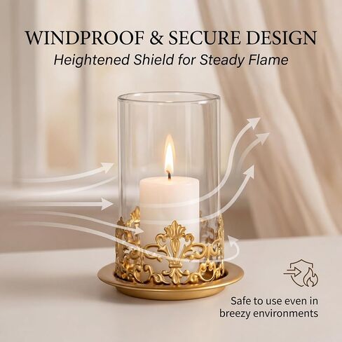 Vintage Hurricane Candle Holders Set of 2 – Gold Metal & Clear Glass Pillar Candle Holder Lanterns for Home Decor, Gothic Table Centerpiece, Wedding & Holiday Ambiance in Saudi Arabia