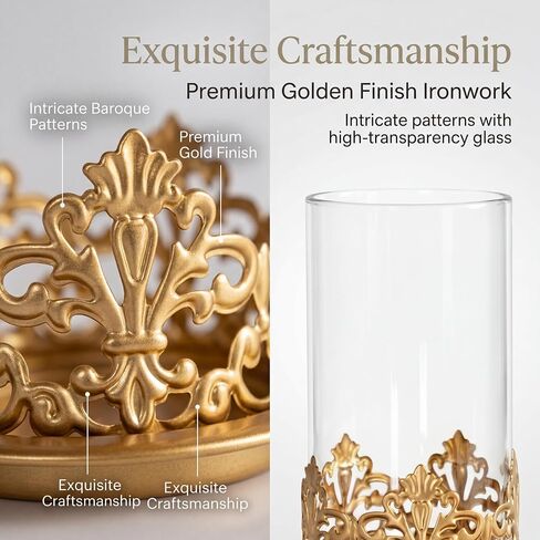 Vintage Hurricane Candle Holders Set of 2 – Gold Metal & Clear Glass Pillar Candle Holder Lanterns for Home Decor, Gothic Table Centerpiece, Wedding & Holiday Ambiance in Saudi Arabia