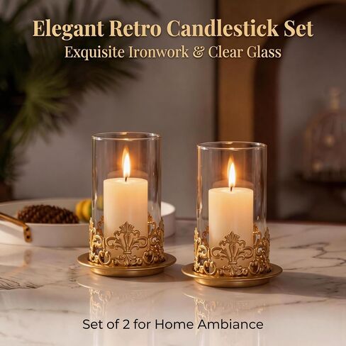 Vintage Hurricane Candle Holders Set of 2 – Gold Metal & Clear Glass Pillar Candle Holder Lanterns for Home Decor, Gothic Table Centerpiece, Wedding & Holiday Ambiance in Saudi Arabia