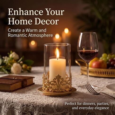 Vintage Hurricane Candle Holders Set of 2 – Gold Metal & Clear Glass Pillar Candle Holder Lanterns for Home Decor, Gothic Table Centerpiece, Wedding & Holiday Ambiance in Saudi Arabia