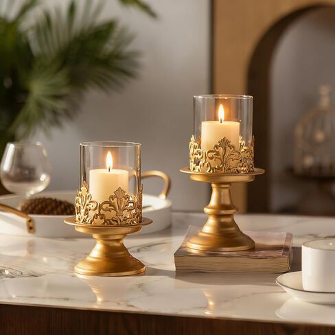 Vintage Hurricane Candle Holders Set of 2 – Gold Metal & Clear Glass Pillar Candle Holder Lanterns for Home Decor, Gothic Table Centerpiece, Wedding & Holiday Ambiance in Saudi Arabia