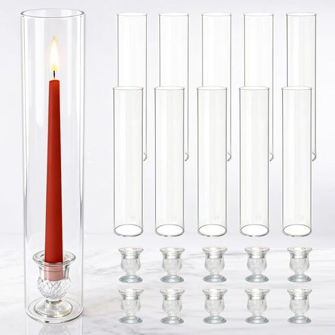 Glass Hurricane Candle Holders – 10 Clear Cylinder Covers & 10 Pillar Candle Bases, 2.6" D x 11.8" H Windproof Candle Holders for Wedding Centerpieces in Saudi Arabia