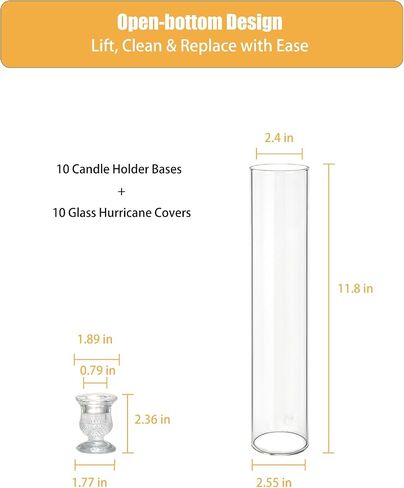 Glass Hurricane Candle Holders – 10 Clear Cylinder Covers & 10 Pillar Candle Bases, 2.6" D x 11.8" H Windproof Candle Holders for Wedding Centerpieces in Saudi Arabia