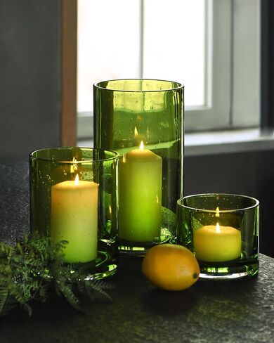 Hurricane Candle Holders Set of 3, Spring Green Glass with Seeded Bubbles, Pillar Candle Holders, Cylinder Vase Centerpieces 10" 7" 4" Height in Saudi Arabia