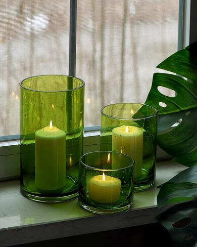 Hurricane Candle Holders Set of 3, Spring Green Glass with Seeded Bubbles, Pillar Candle Holders, Cylinder Vase Centerpieces 10" 7" 4" Height in Saudi Arabia