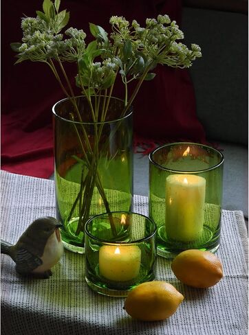 Hurricane Candle Holders Set of 3, Spring Green Glass with Seeded Bubbles, Pillar Candle Holders, Cylinder Vase Centerpieces 10" 7" 4" Height in Saudi Arabia