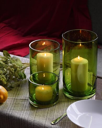 Hurricane Candle Holders Set of 3, Spring Green Glass with Seeded Bubbles, Pillar Candle Holders, Cylinder Vase Centerpieces 10" 7" 4" Height in Saudi Arabia