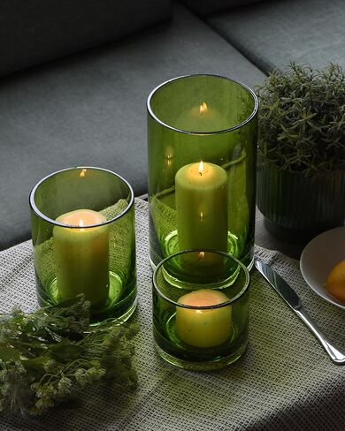 Hurricane Candle Holders Set of 3, Spring Green Glass with Seeded Bubbles, Pillar Candle Holders, Cylinder Vase Centerpieces 10" 7" 4" Height in Saudi Arabia