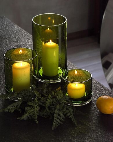 Hurricane Candle Holders Set of 3, Spring Green Glass with Seeded Bubbles, Pillar Candle Holders, Cylinder Vase Centerpieces 10" 7" 4" Height in Saudi Arabia