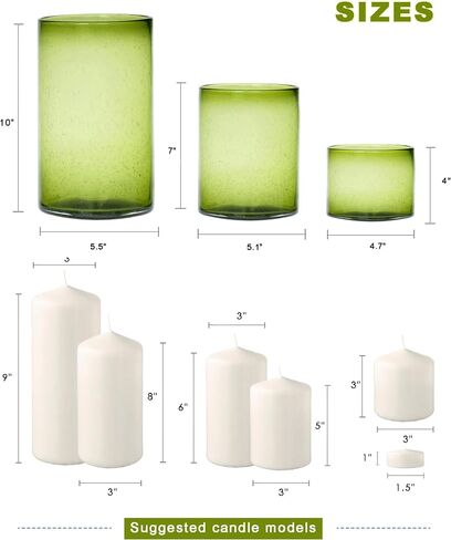 Hurricane Candle Holders Set of 3, Spring Green Glass with Seeded Bubbles, Pillar Candle Holders, Cylinder Vase Centerpieces 10" 7" 4" Height in Saudi Arabia