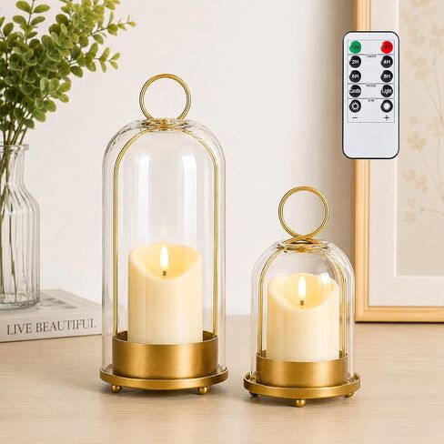 Hurricane Metal Candle Holder Set of 2, 12" & 7.5", with Handcrafted Glass Dome for Pillar Candle, Plants & 2 Timer Candles for Indoor Outdoor Decor Decorative Table Centerpiece (Black, Set of 2) in Saudi Arabia