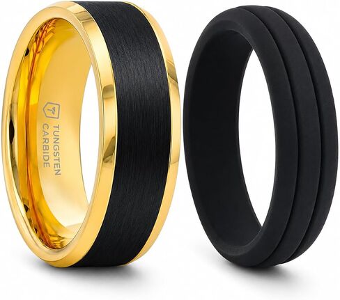 Thorsten Gaston Tungsten Wedding Ring for Men with FREE Silicone Ring - Comfort Fit, Custom Engraved, Gold Plated Band with Flat Black Matte Brushed Inlay - Stylish Marriage Ring, Couple's Engagement Promise - 6mm - 8mm in Saudi Arabia