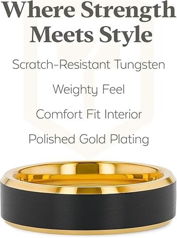 Thorsten Gaston Tungsten Wedding Ring for Men with FREE Silicone Ring - Comfort Fit, Custom Engraved, Gold Plated Band with Flat Black Matte Brushed Inlay - Stylish Marriage Ring, Couple's Engagement Promise - 6mm - 8mm in Saudi Arabia