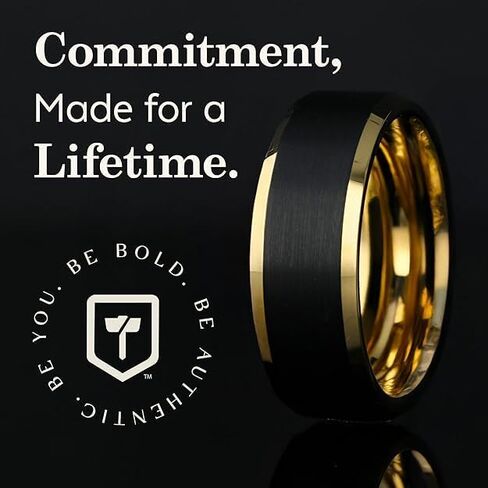 Thorsten Gaston Tungsten Wedding Ring for Men with FREE Silicone Ring - Comfort Fit, Custom Engraved, Gold Plated Band with Flat Black Matte Brushed Inlay - Stylish Marriage Ring, Couple's Engagement Promise - 6mm - 8mm in Saudi Arabia