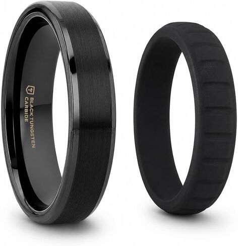 Thorsten Vulcan Black Tungsten Carbide Men’s Wedding Ring – Flat Matte Brushed Finish with Polished Edges – Comfort Fit Wedding Band – Durable and Stylish Ring for Him with FREE Silicone Ring in Saudi Arabia