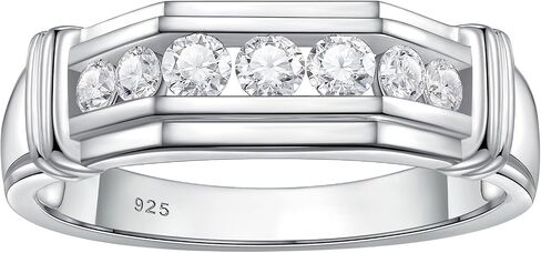 Mens Lab Grown Diamond Wedding Band, 7 Stone 0.60 ct tw 925 Sterling Silver Ring Gift for Him Size 7-14 in Saudi Arabia