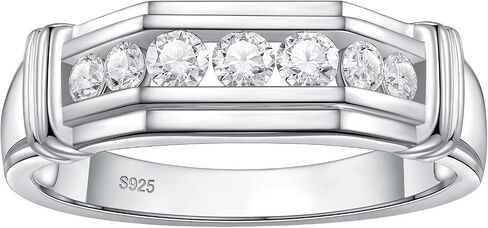 Mens Lab Grown Diamond Wedding Band, 7 Stone 0.60 ct tw 925 Sterling Silver Ring Gift for Him Size 7-14 in Saudi Arabia