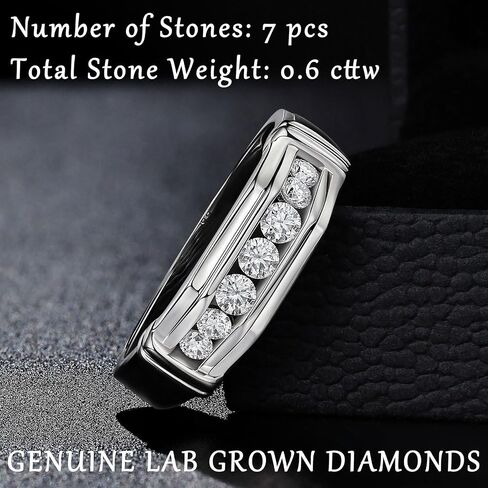 Mens Lab Grown Diamond Wedding Band, 7 Stone 0.60 ct tw 925 Sterling Silver Ring Gift for Him Size 7-14 in Saudi Arabia