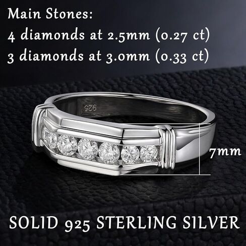 Mens Lab Grown Diamond Wedding Band, 7 Stone 0.60 ct tw 925 Sterling Silver Ring Gift for Him Size 7-14 in Saudi Arabia