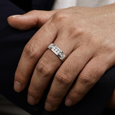 Mens Lab Grown Diamond Wedding Band, 7 Stone 0.60 ct tw 925 Sterling Silver Ring Gift for Him Size 7-14 in Saudi Arabia