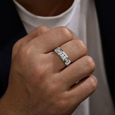 Mens Lab Grown Diamond Wedding Band, 7 Stone 0.60 ct tw 925 Sterling Silver Ring Gift for Him Size 7-14 in Saudi Arabia