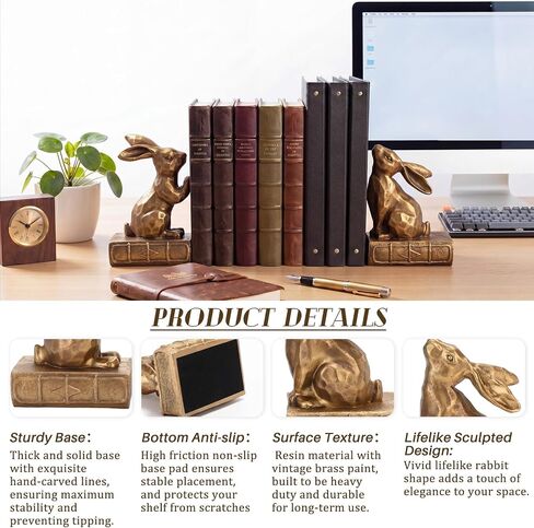 Tatuo 2 Pcs Decorative Rabbit Bookends for Shelves, Bunny Gift Book Ends for Heavy Books Animal Stopper Retriever Statues Bookends with Anti-Slip Base for Book Lover Home Bookshelf, Bronze in Kuwait