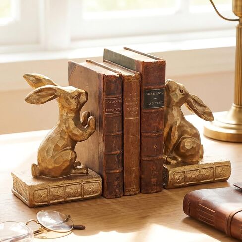 Tatuo 2 Pcs Decorative Rabbit Bookends for Shelves, Bunny Gift Book Ends for Heavy Books Animal Stopper Retriever Statues Bookends with Anti-Slip Base for Book Lover Home Bookshelf, Bronze in Kuwait