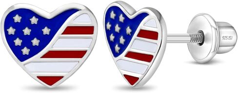 925 Sterling Silver Patriotic Enamel Heart Safety Screw Back Earrings For Little Girls - Heart Shaped Screwbacks For Young Girls - American Flag Heart Earrings in Saudi Arabia