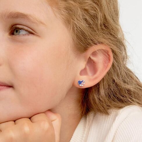 925 Sterling Silver Patriotic Enamel Heart Safety Screw Back Earrings For Little Girls - Heart Shaped Screwbacks For Young Girls - American Flag Heart Earrings in Saudi Arabia