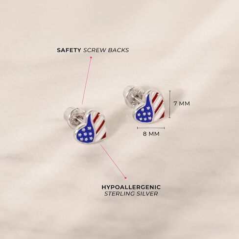 925 Sterling Silver Patriotic Enamel Heart Safety Screw Back Earrings For Little Girls - Heart Shaped Screwbacks For Young Girls - American Flag Heart Earrings in Saudi Arabia