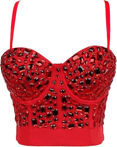 Women's Lace Mesh Rhinestone Diamond Bra Push up Bustier Corset Crop Top Club Party Vest with Detachable Straps in Kuwait