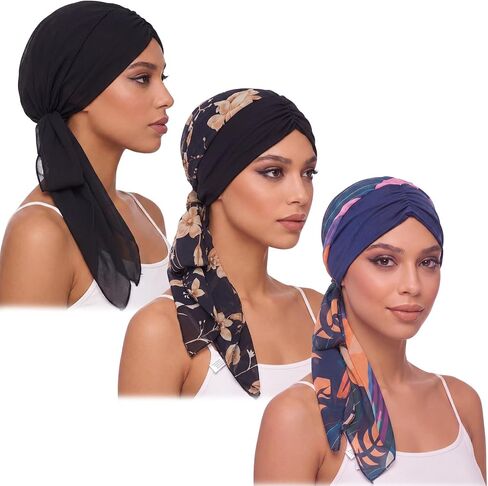 Funtery Chemo Headwear for Women, Pre Tied Headscarf Turban Slip on Beanie Hat Cancer Sleep Cap for Patients Hair Loss in Kuwait