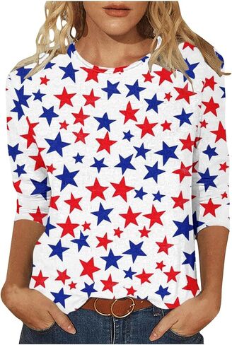 Holiday Womens Tops 3/4 Length Sleeve Dressy Casual Blouse for Women 2026 Trendy Crew Neck T Shirt 4Th of July Outfit in Kuwait