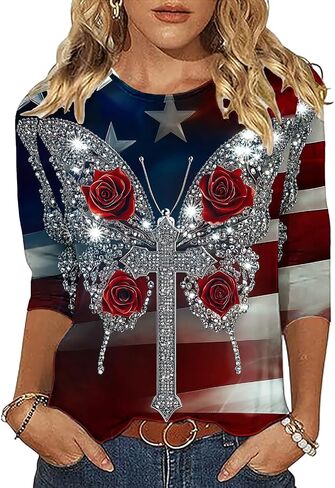 American Flag Shirts Women 3/4 Length Sleeve Tops Crew Neck Shirt Dressy Casual Blouse Butterfly Print Basic Tshirts in Kuwait