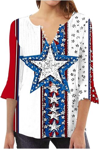 250th Independence Day Tops for Women Patriotic Star Print Shirts 3/4 Flared Sleeve V Neck Button Summer Holiday Tees in Kuwait