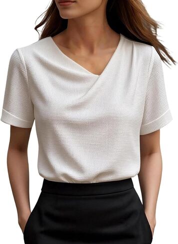 Womens Waffle Knit Tops Summer Short Sleeve Cowl Neck Blouses for Women Casual Dressy Trendy Elegant Office Blouse in Kuwait