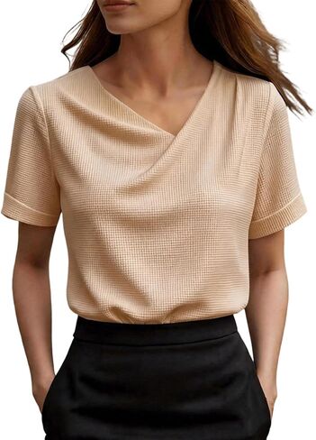 Womens Waffle Knit Tops Summer Short Sleeve Cowl Neck Blouses for Women Casual Dressy Trendy Elegant Office Blouse in Kuwait