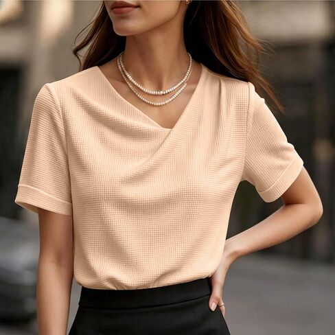 Womens Waffle Knit Tops Summer Short Sleeve Cowl Neck Blouses for Women Casual Dressy Trendy Elegant Office Blouse in Kuwait