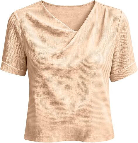 Womens Waffle Knit Tops Summer Short Sleeve Cowl Neck Blouses for Women Casual Dressy Trendy Elegant Office Blouse in Kuwait