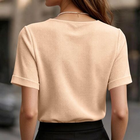 Womens Waffle Knit Tops Summer Short Sleeve Cowl Neck Blouses for Women Casual Dressy Trendy Elegant Office Blouse in Kuwait